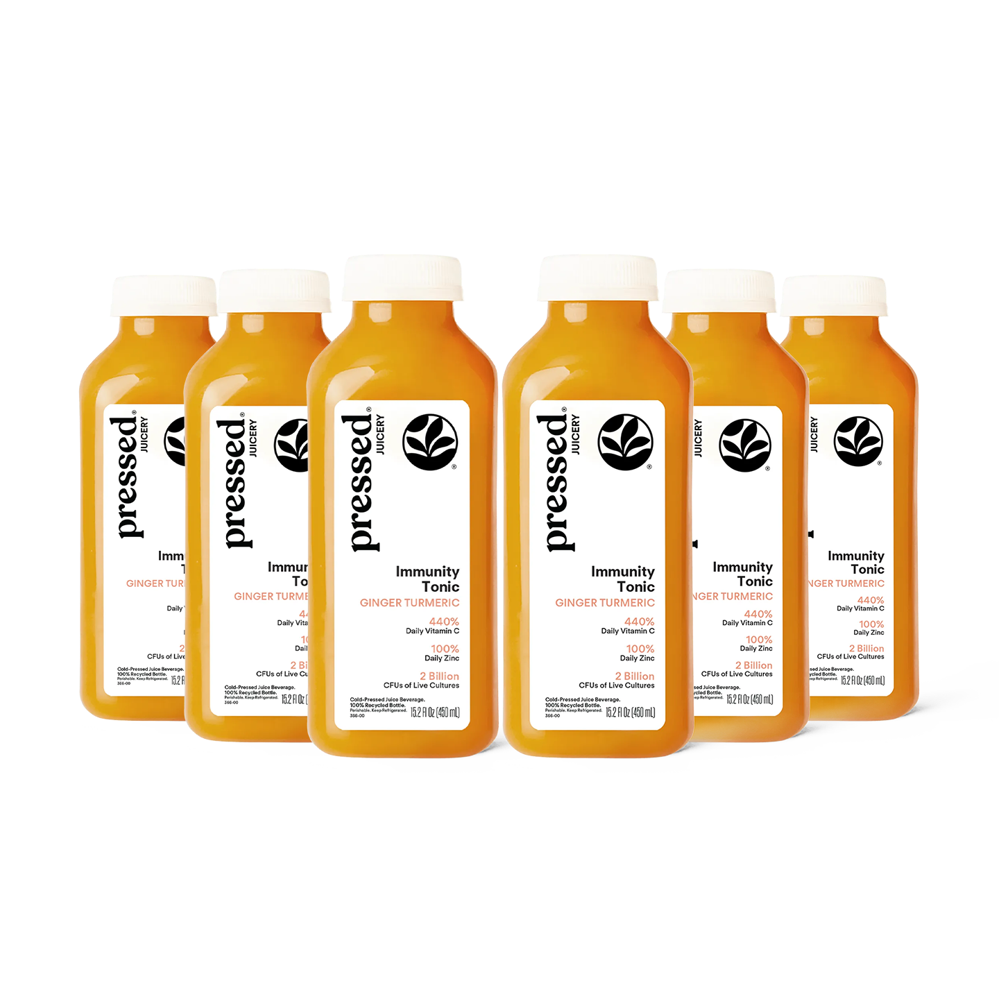 Six bottles of pressed Immunity Tonic Ginger Tumeric juice arranged in a fan shape on a white background.