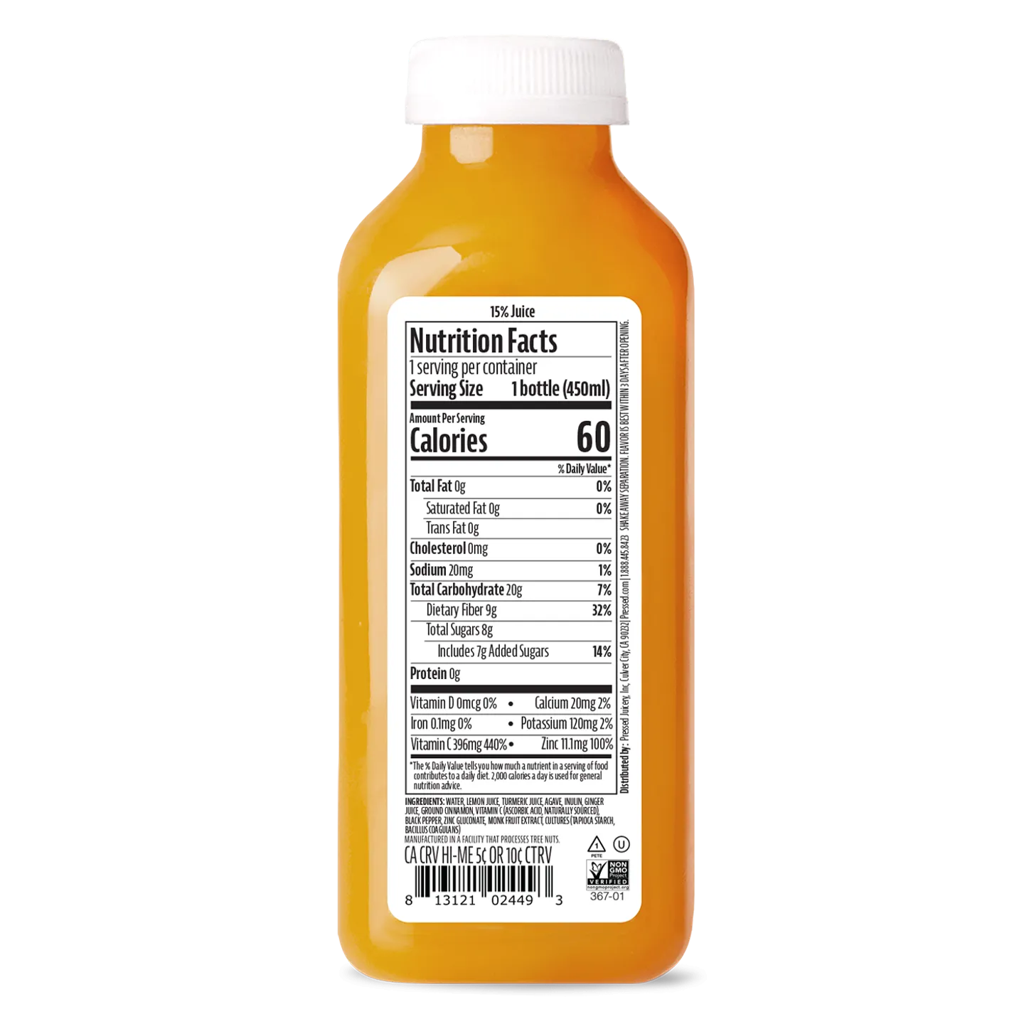 Orange juice bottle with nutrition facts label on a white background