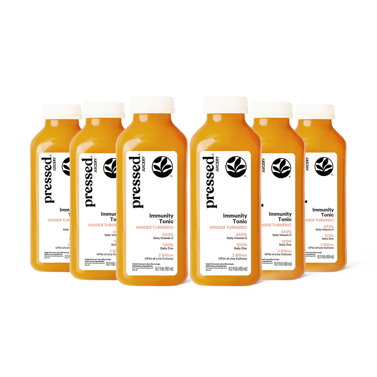 Six bottles of pressed Immunity Tonic Ginger Turmeric juice arranged in a fan shape on a white background.