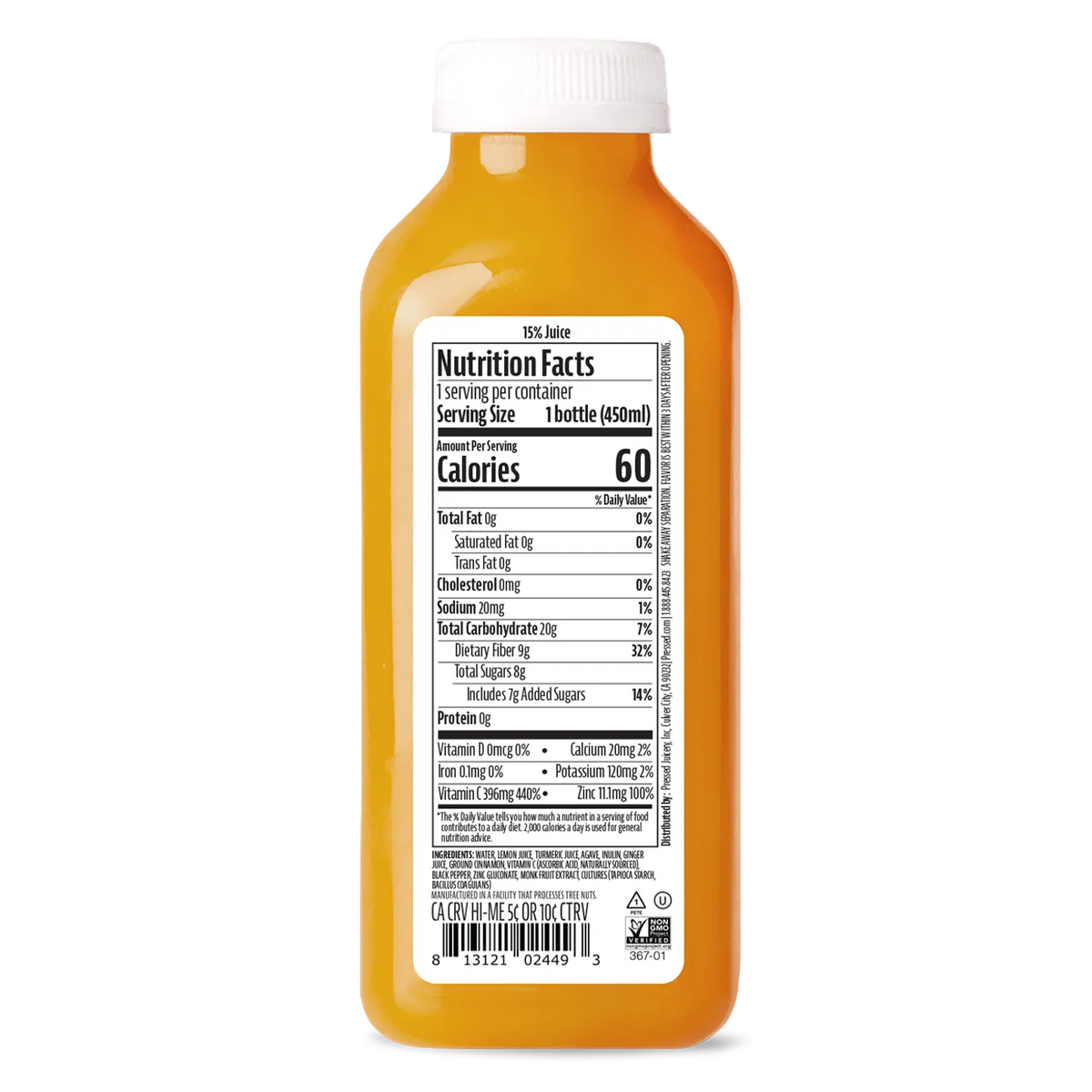 Orange juice bottle with nutrition facts label on a white background