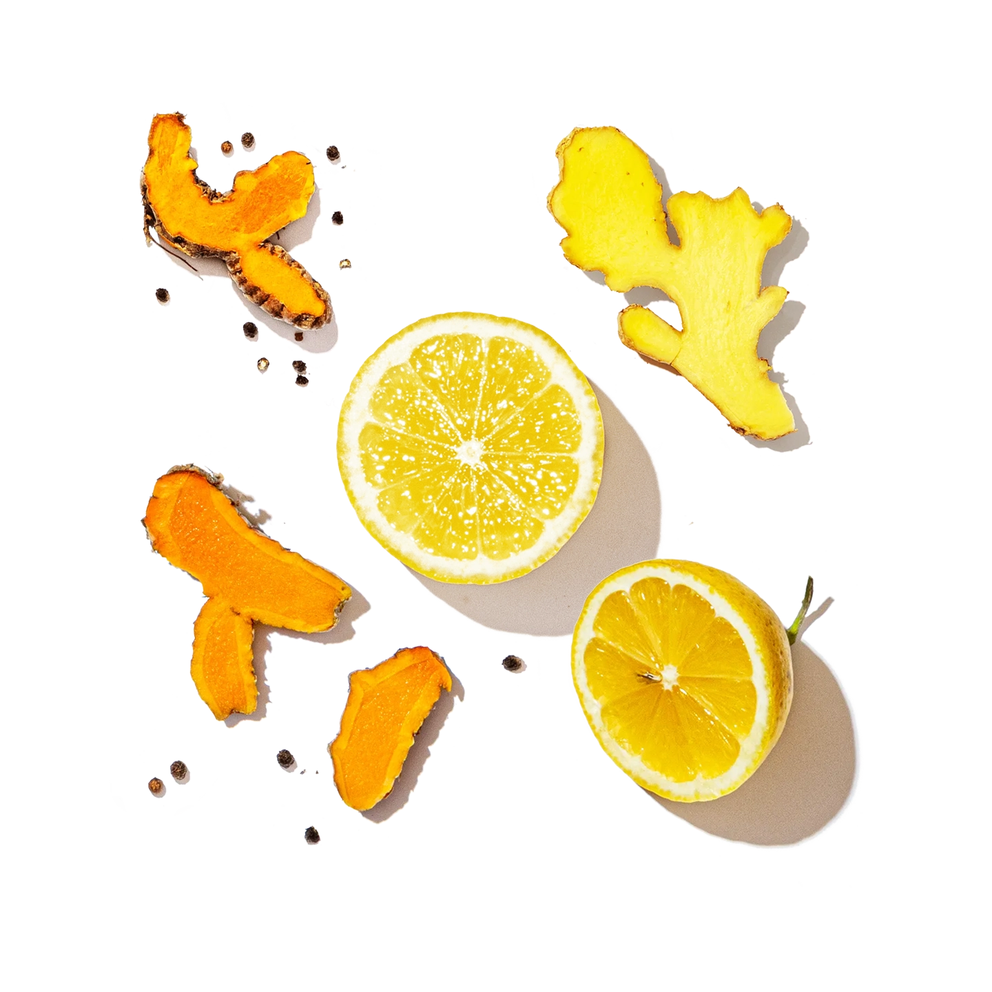 Sliced oranges, lemons, and ginger on a transparent background