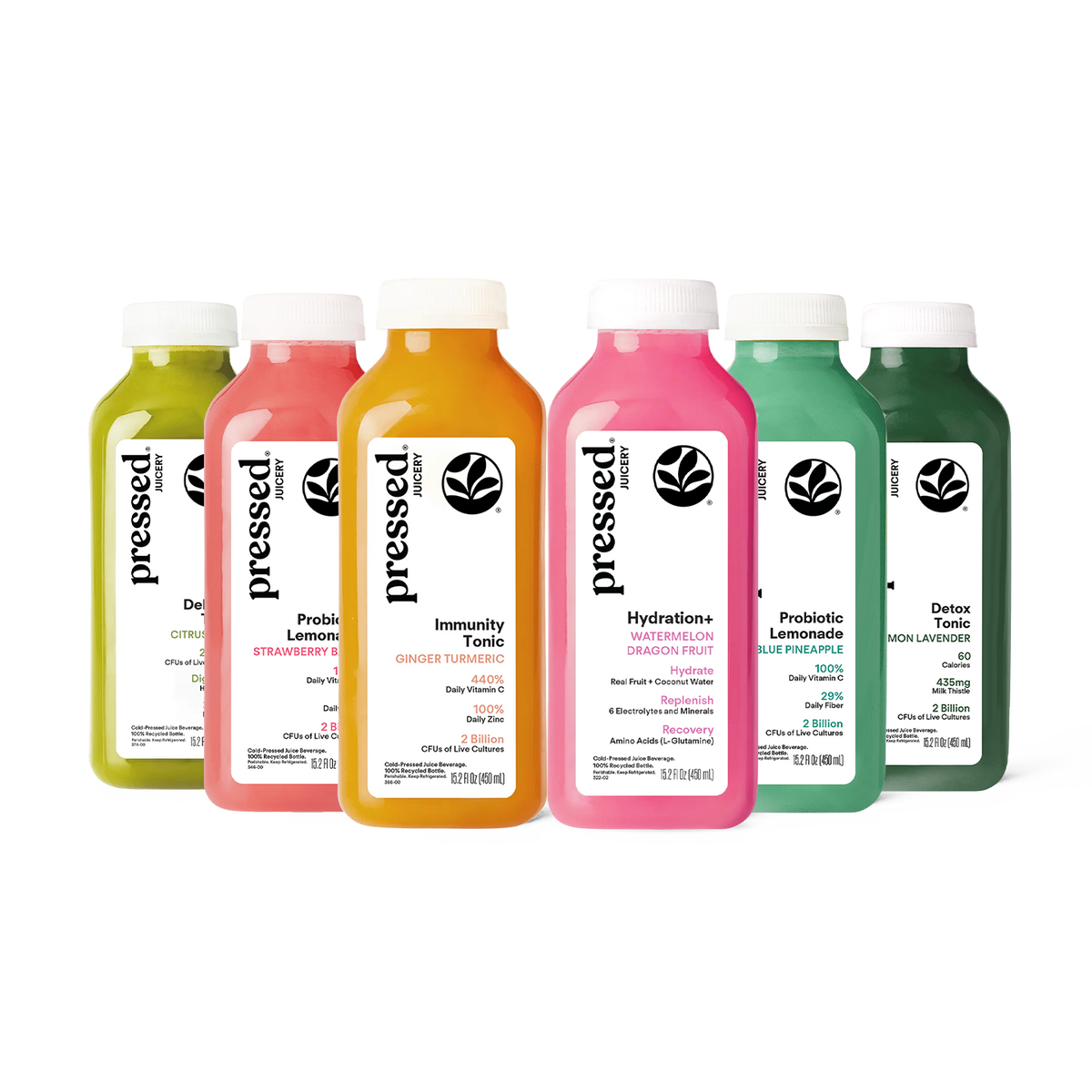 Six bottled drinks from pressed brand lined up on a white background, showing different juice flavors in green, pink, orange, and dark green bottles with white caps and white labels.
