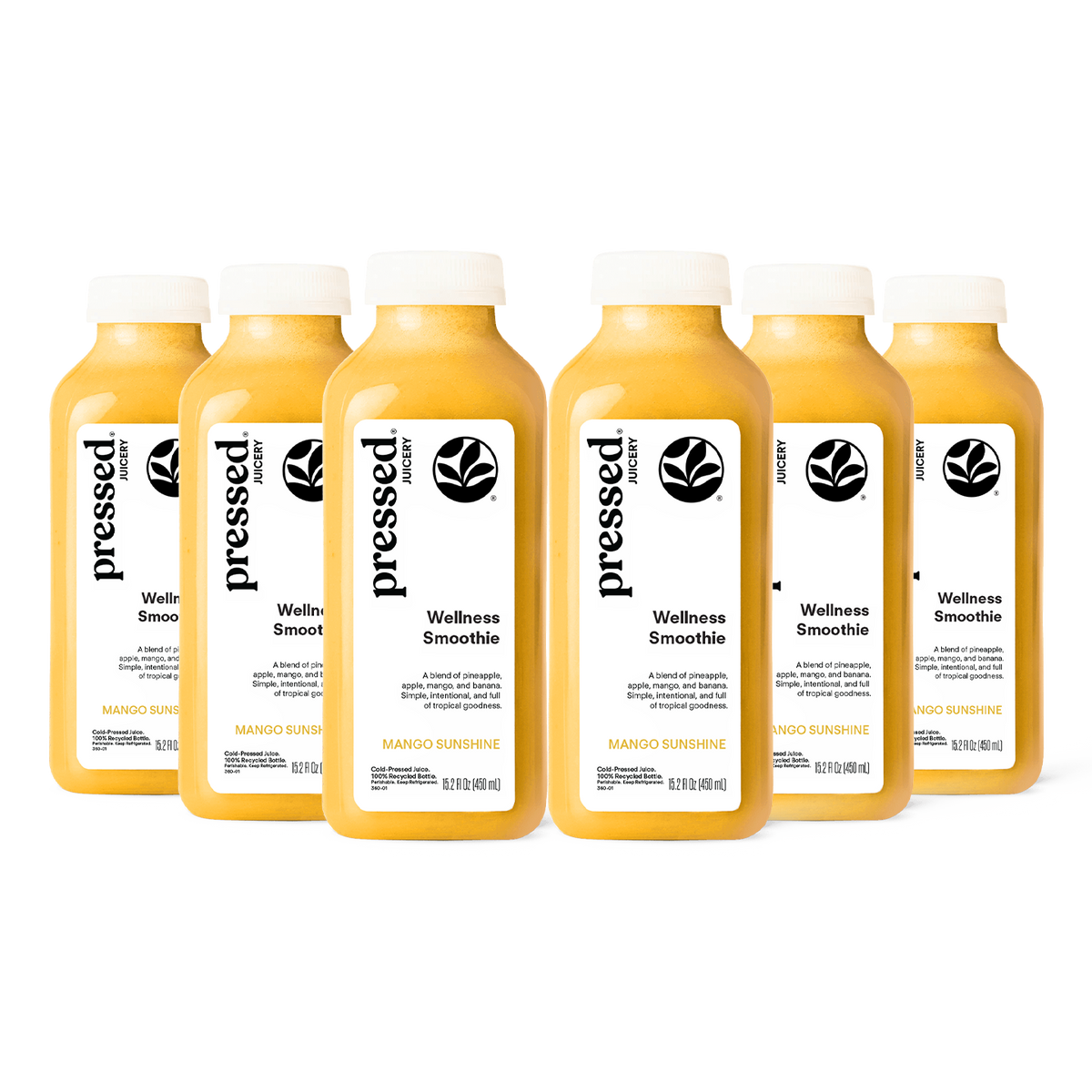 Six bottles of 'pressed' wellness smoothie on a white background