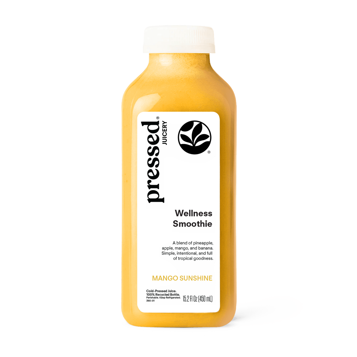 Bottle of pressed Juicery Mango Sunshine Wellness Smoothie on a white background