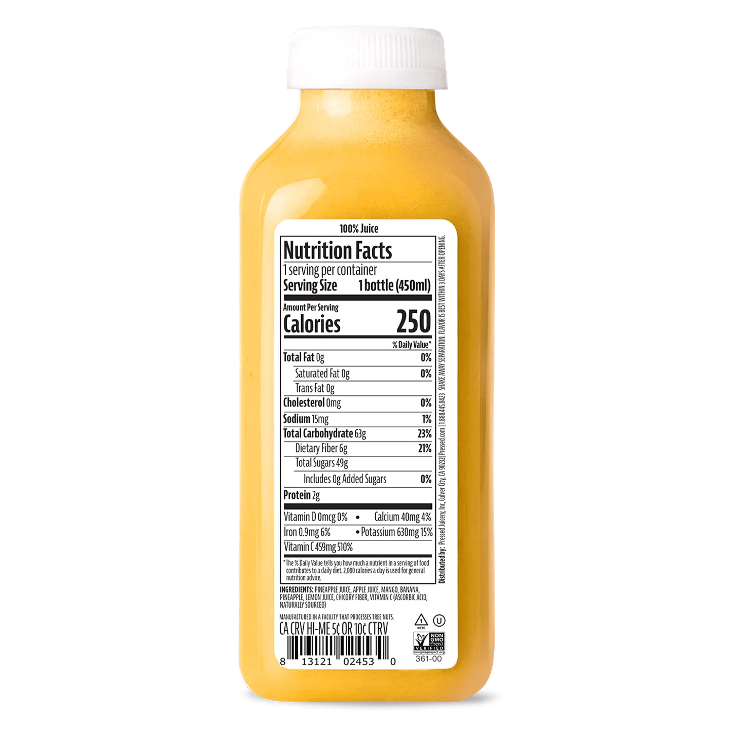 Bottle of juice with a nutrition facts label on a white background