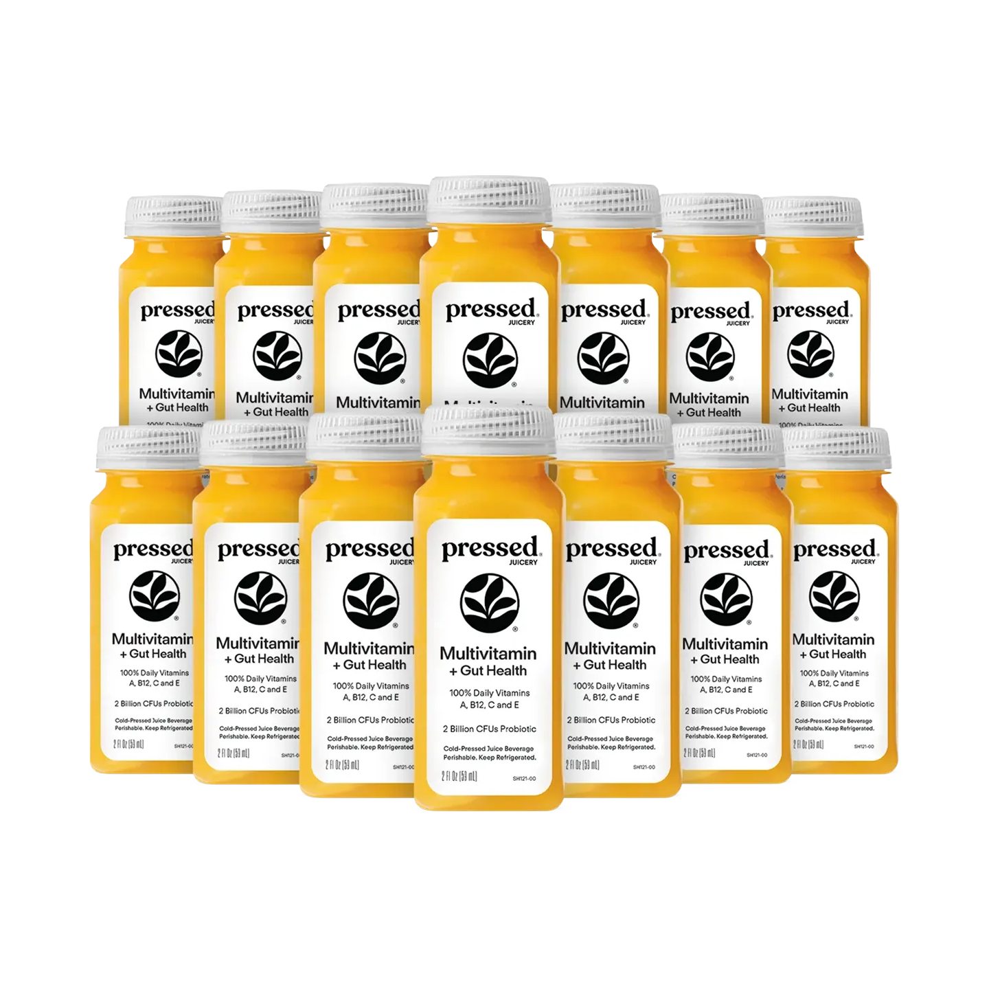 A bulk pack of 15 Pressed Nutrition Multivitamin + Out Health bottles arranged in a grid of three rows and five columns on a plain white background.