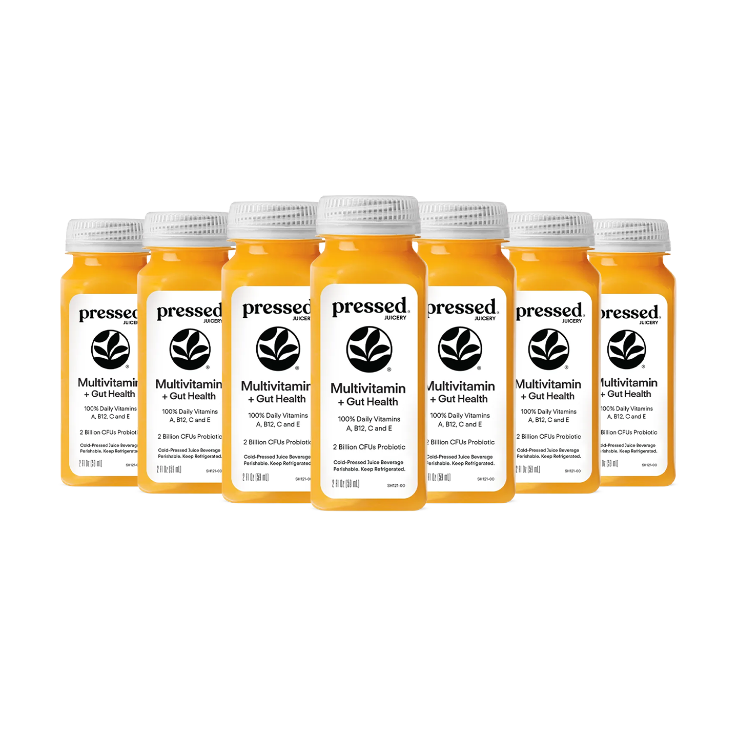 Pressed Juicery Multivitamin + Gut Health Shot 7-Pack on a white background.
