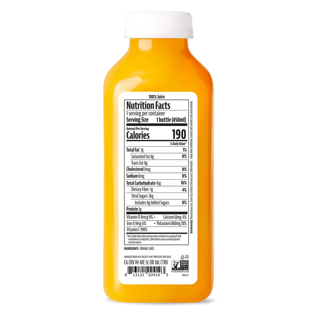 Orange juice bottle with a nutrition facts label on a white background