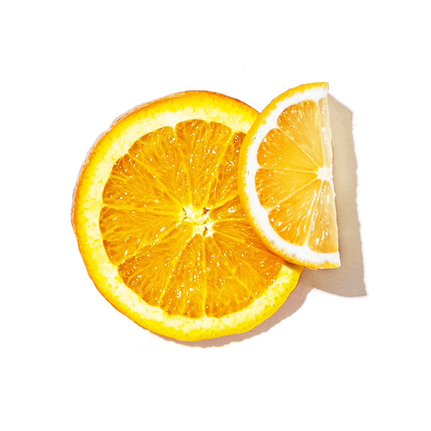 Two halves of an orange on a white background