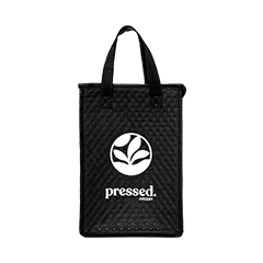 Black woven tote bag with 'pressed.' logo on a white background