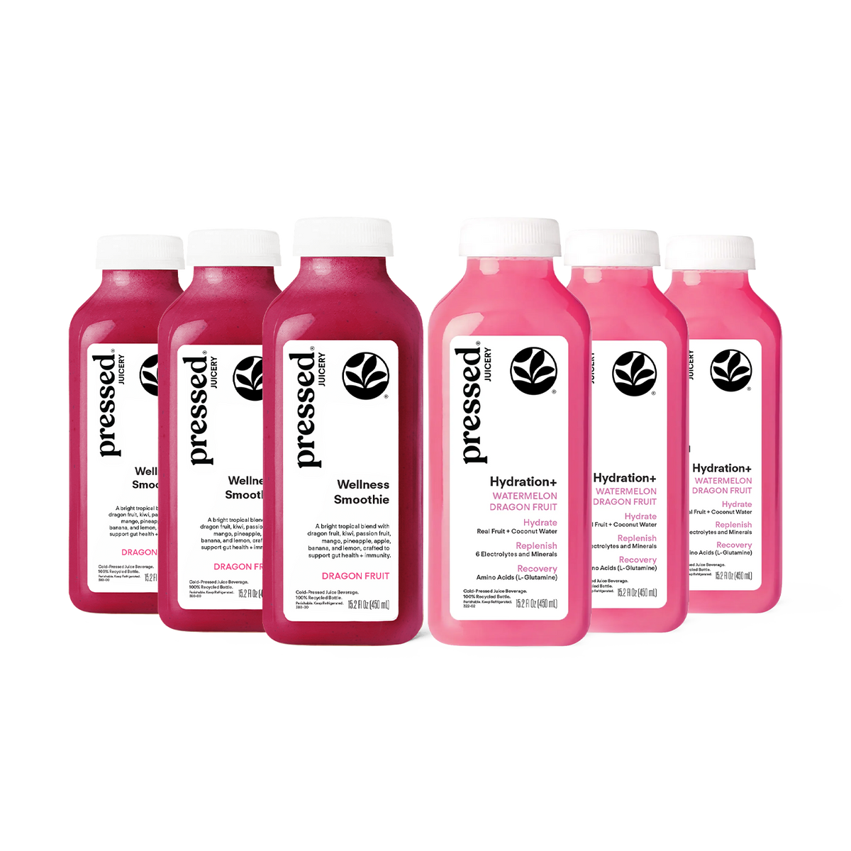 Pressed Pink Dragon Fruit 6-Pack with 3 Dragon Fruit Wellness Smoothies and 3 Hydration+ Watermelon Dragon Fruit drinks