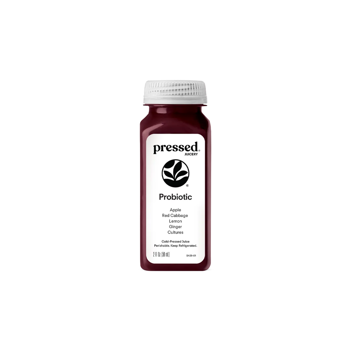 Pressed Juicery Probiotic Shot bottle on a white background.