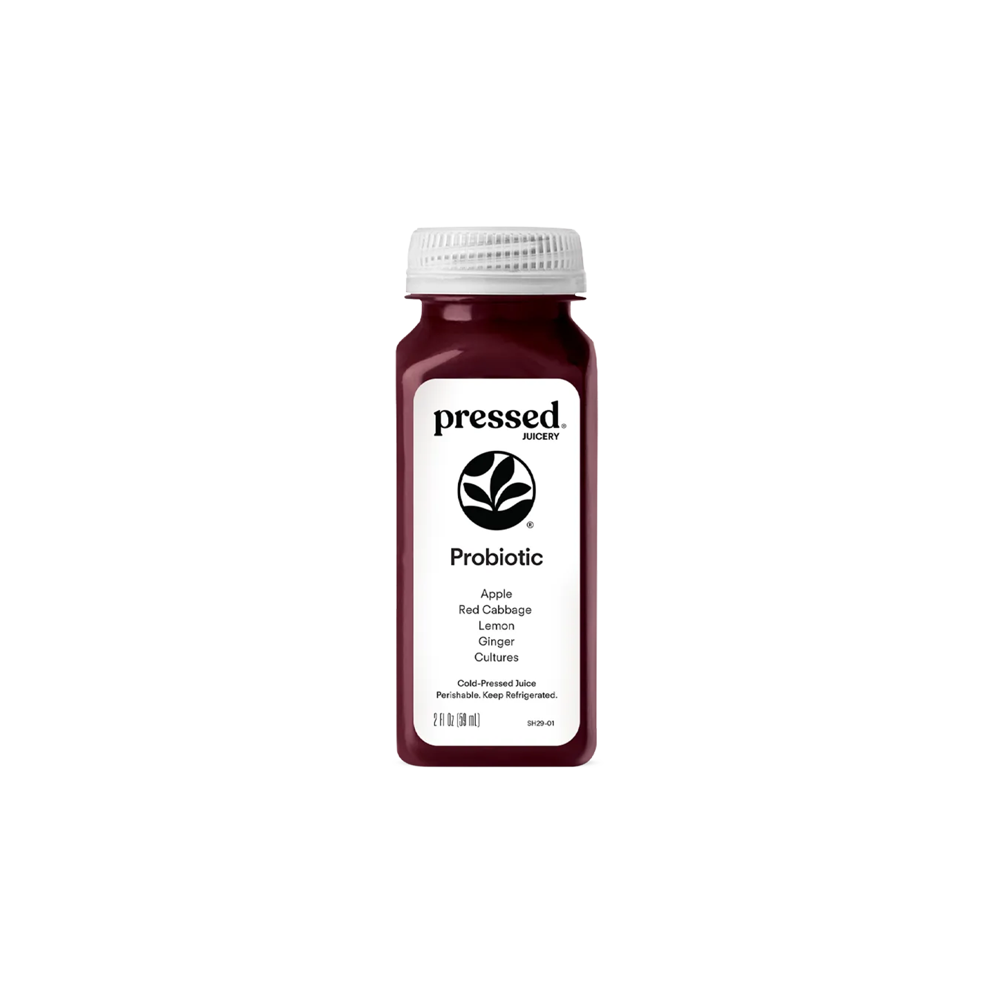 A bottle of Pressed Nutri Probiotic juice with a white cap and a white label, containing a deep red-burgundy liquid, centered on a plain white background.