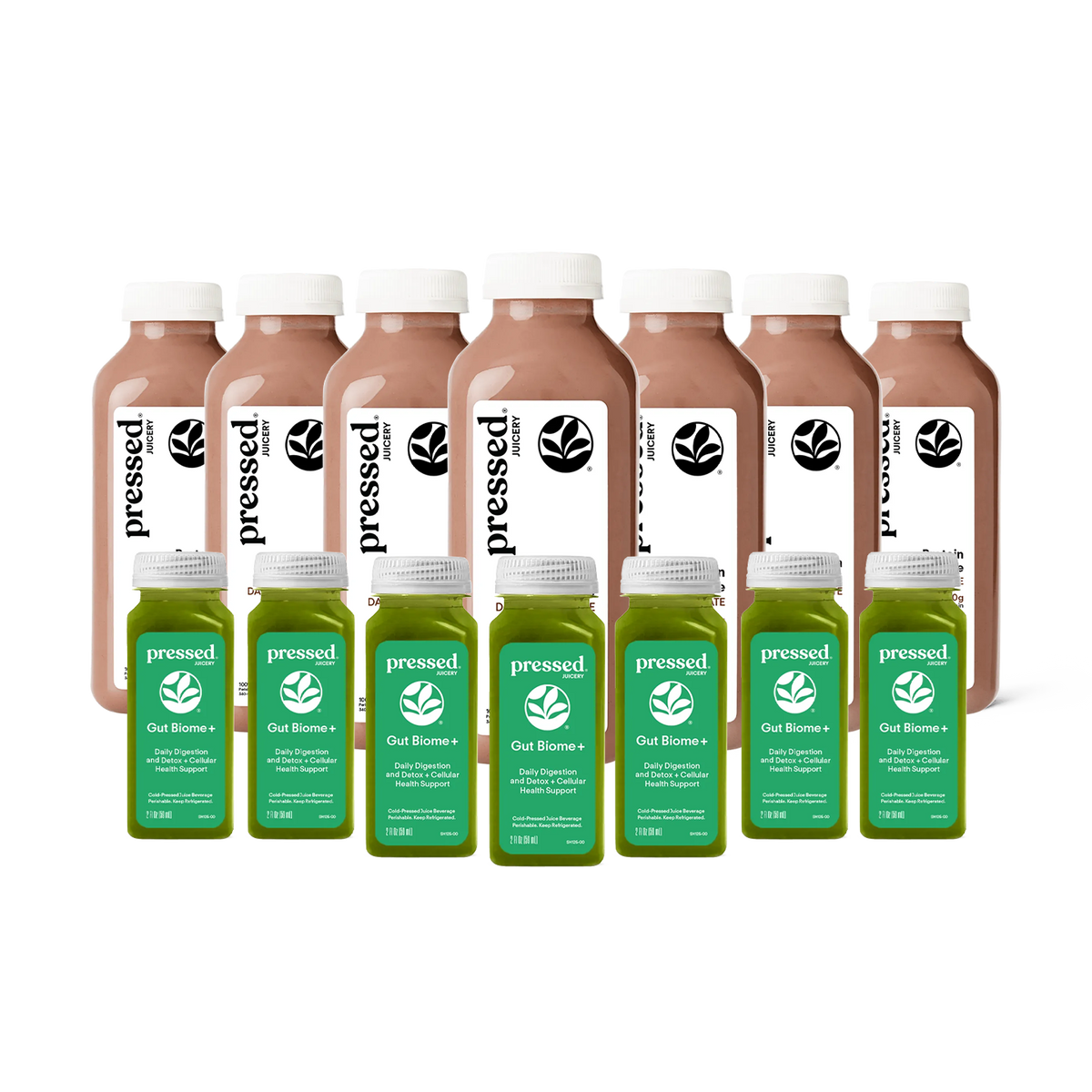 Pressed Juicery 7-Day Protein + Fiber Routine Pack with Dark Chocolate Protein Smoothies and Gut Biome+ Shots on a white background.