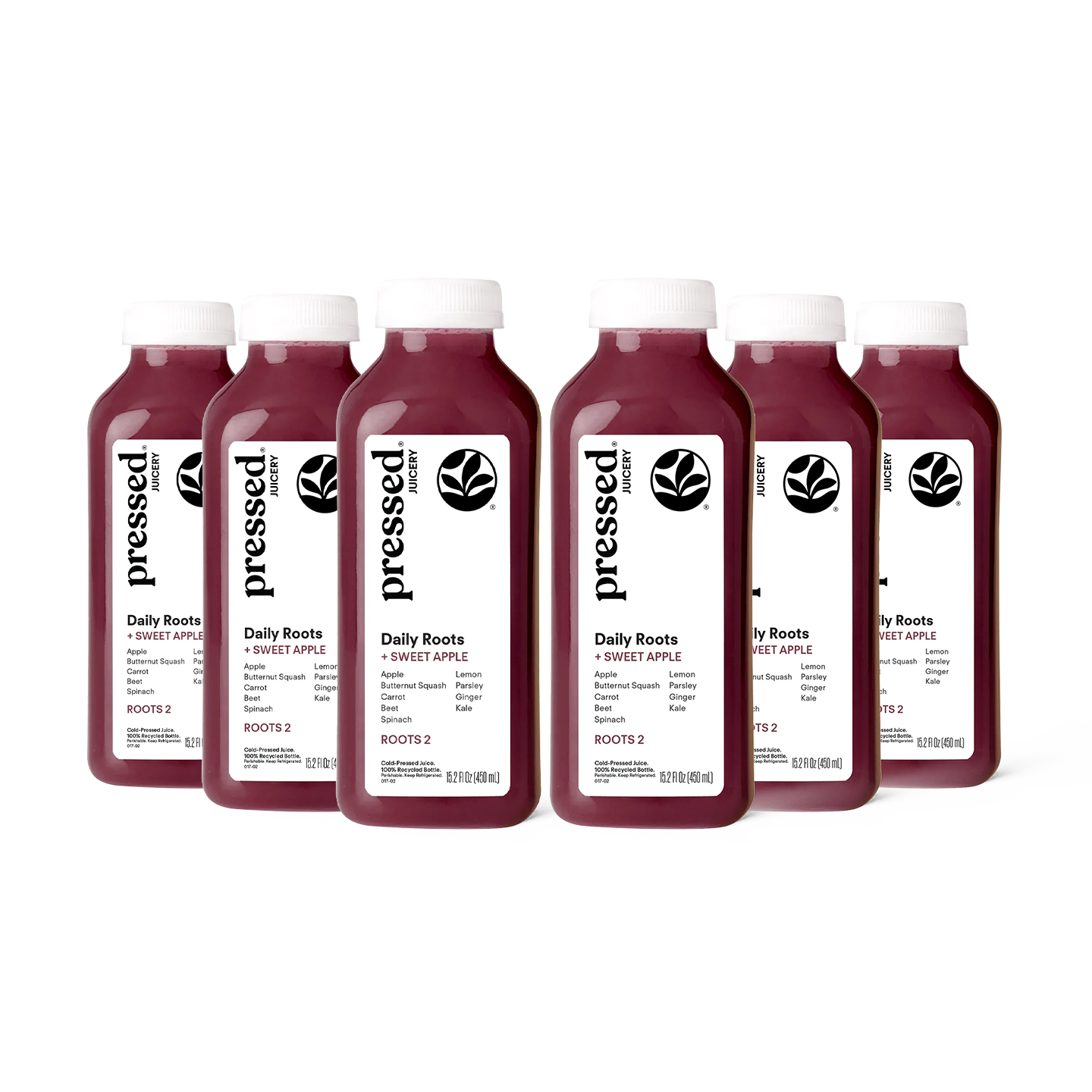 Six bottles of pressed roots Daily Roots + Sweet Apple juice arranged in two rows on a white background.