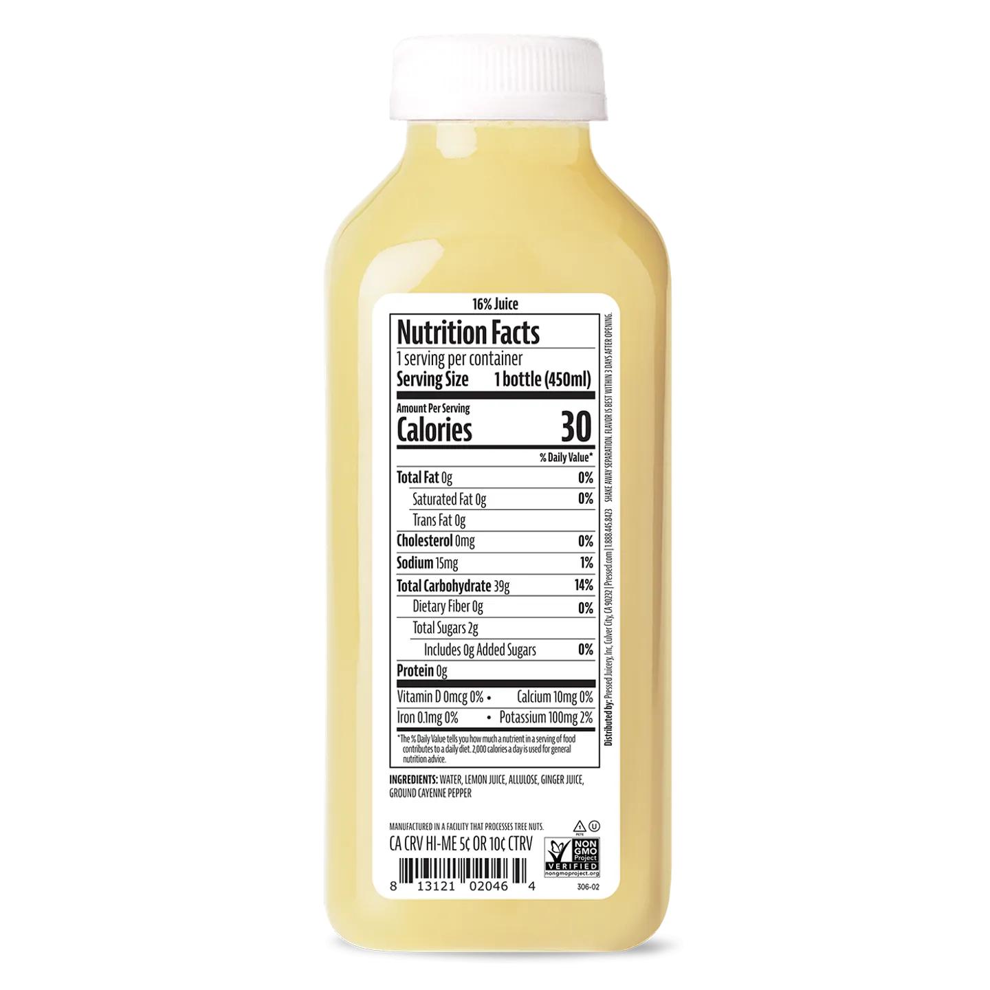 Bottle of juice with a nutrition facts label on a white background