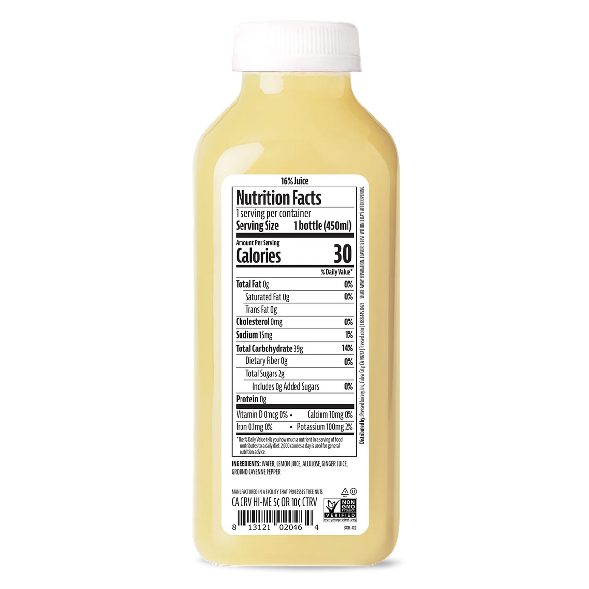 Bottle of juice with a nutrition facts label on a white background