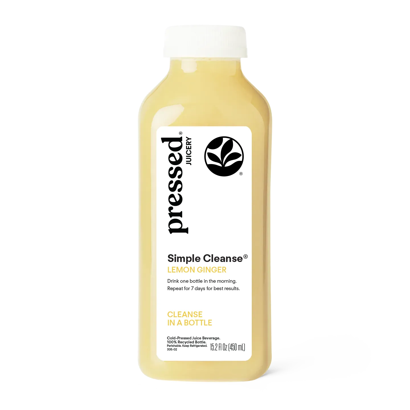 Bottle of Pressed Juicery Lemon Ginger Simple Cleanse on a white background