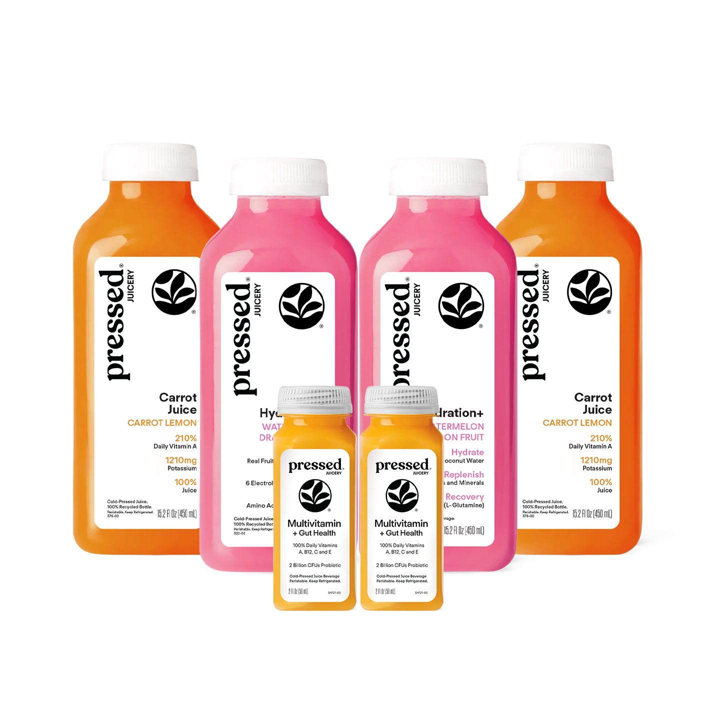 Pressed Juicery Skin Glow Beauty Pack with Carrot Juice, Hydration+ Watermelon Dragon Fruit, and Multivitamin + Gut Health shots on a white background.