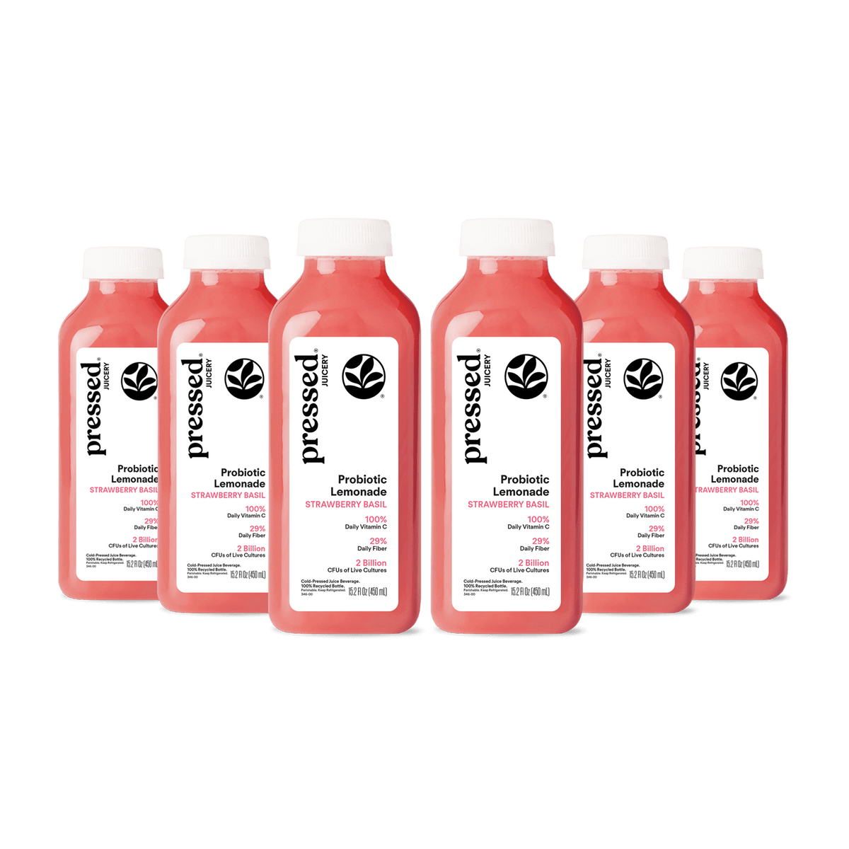 Six bottles of 'pressed' strawberry lemonade on a white background
