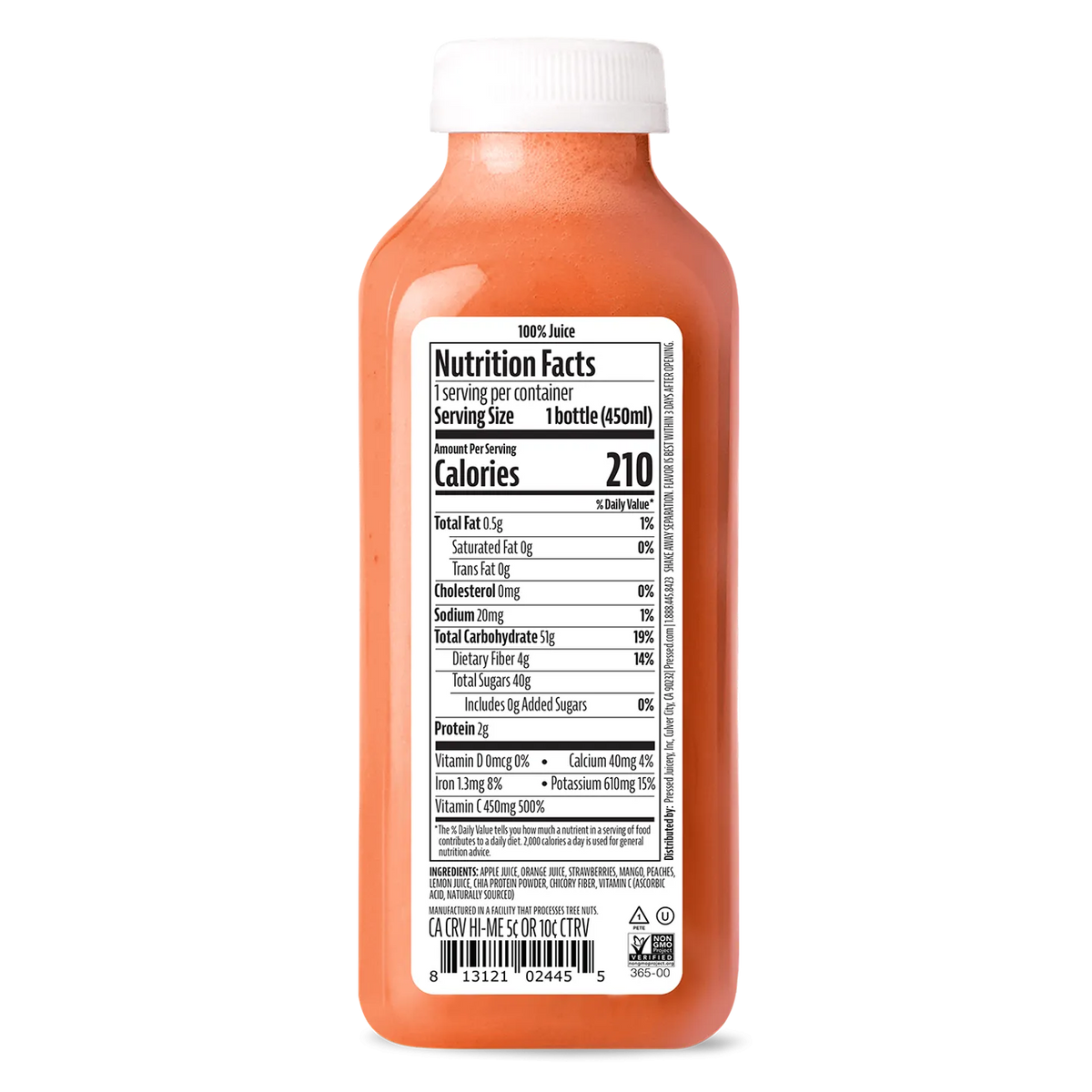 Bottle of juice with a nutrition facts label on a white background