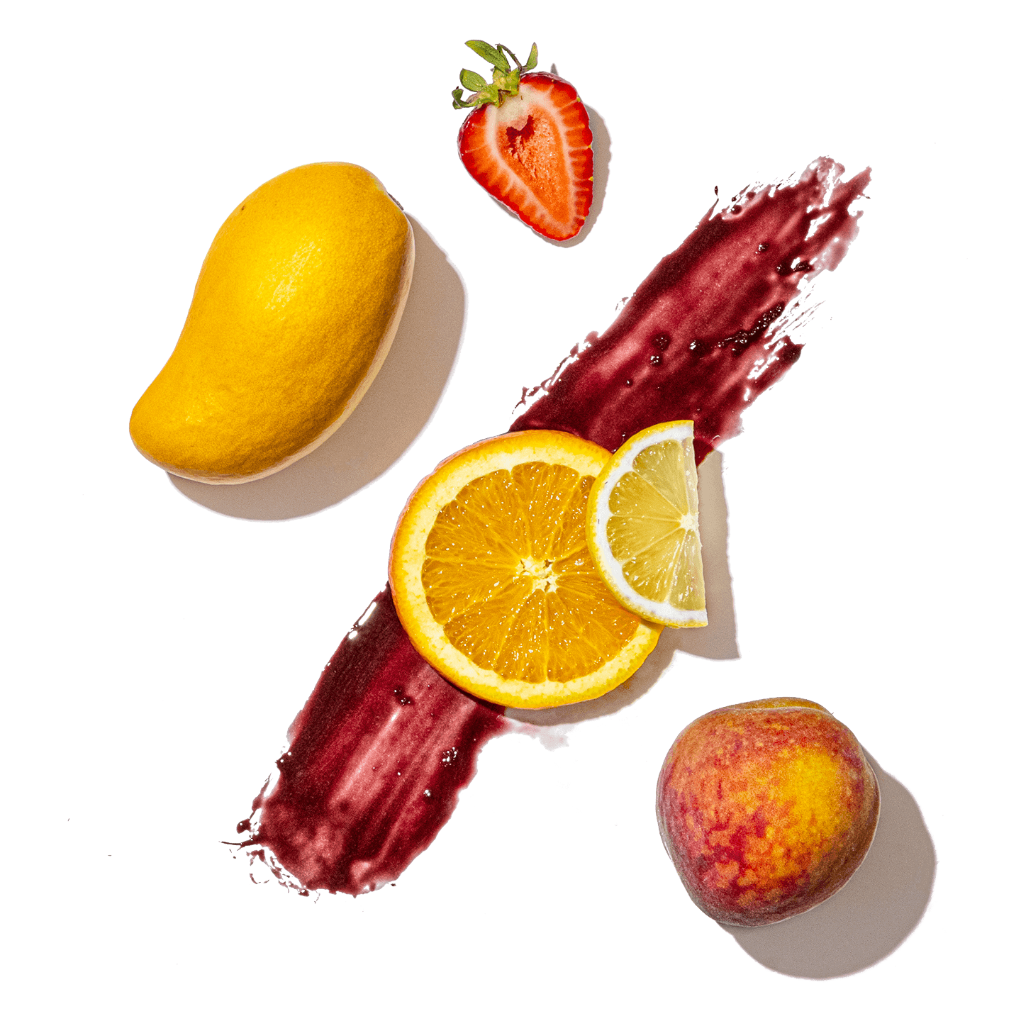 Fruits including a mango, orange, lemon, strawberry, and peach on a transparent background