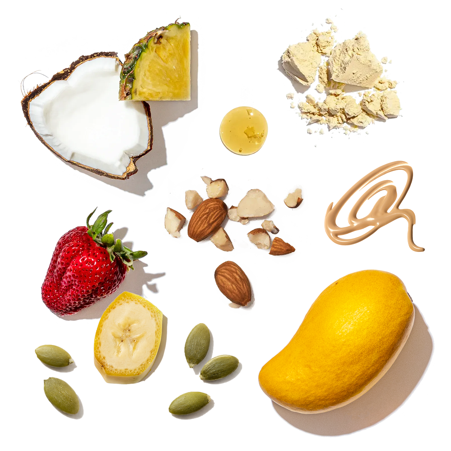 Assorted fruits and nuts on a white background