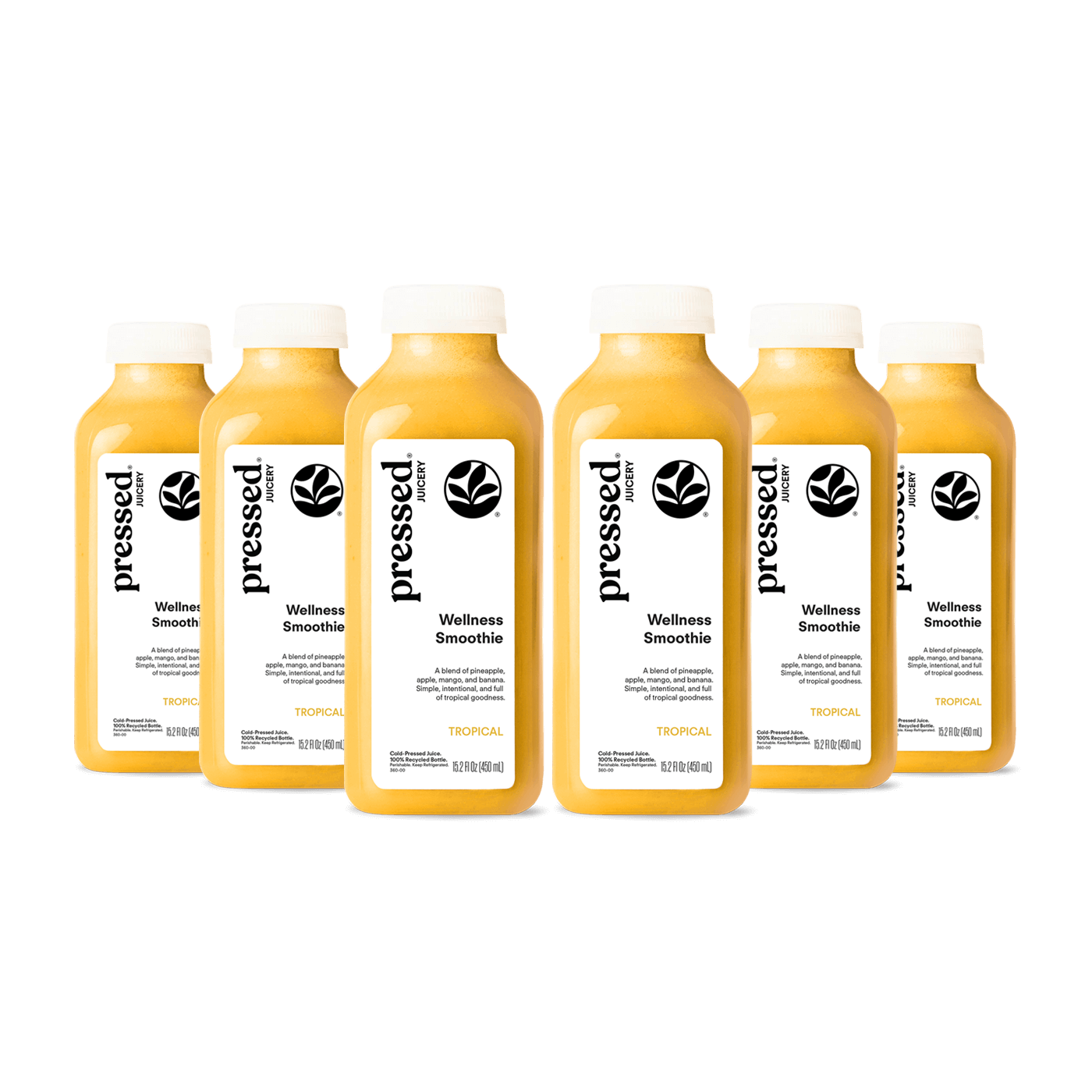 Six bottles of 'pressed' wellness smoothie on a white background