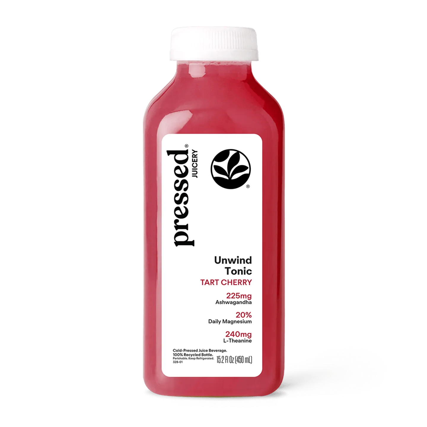 Bottle of 'pressed' Unwind Tart Cherry Tonic on a white background