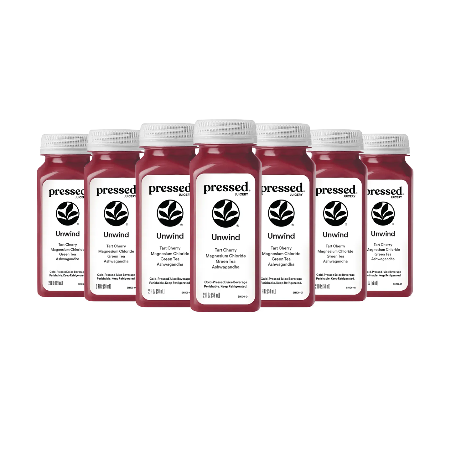 Pressed Juicery Unwind Shot 7-Pack on a white background.