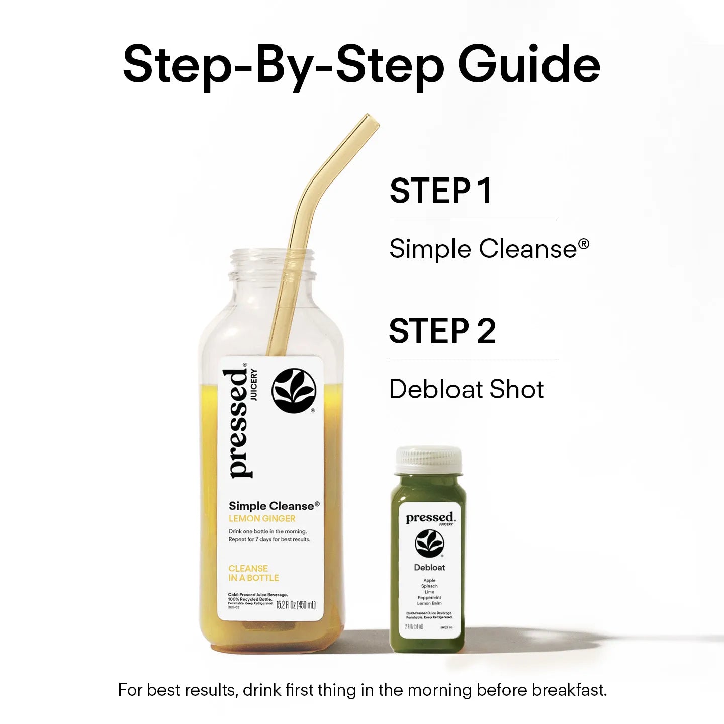 Step-by-step guide for a health product with 'pressed' bottles labeled 'Simple Cleanse' and 'Debloat Shot'.
