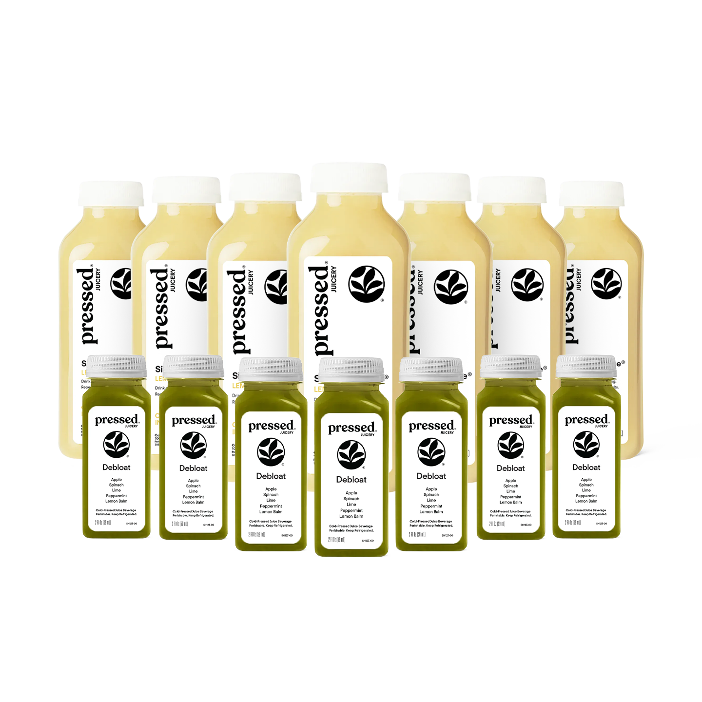 A 12-pack assortment of Pressed Juice Delichest smoothie bottles, including both large pale yellow bottles and smaller green bottles, arranged in two rows on a white background.