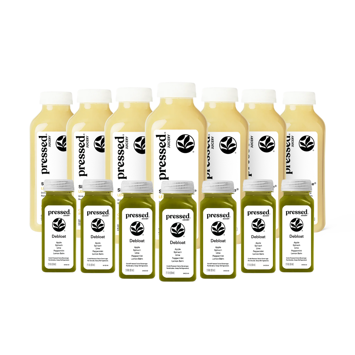 Pressed Juicery Vacation Prep Pack with Simple Cleanse® Juice and Debloat Shots on a white background.