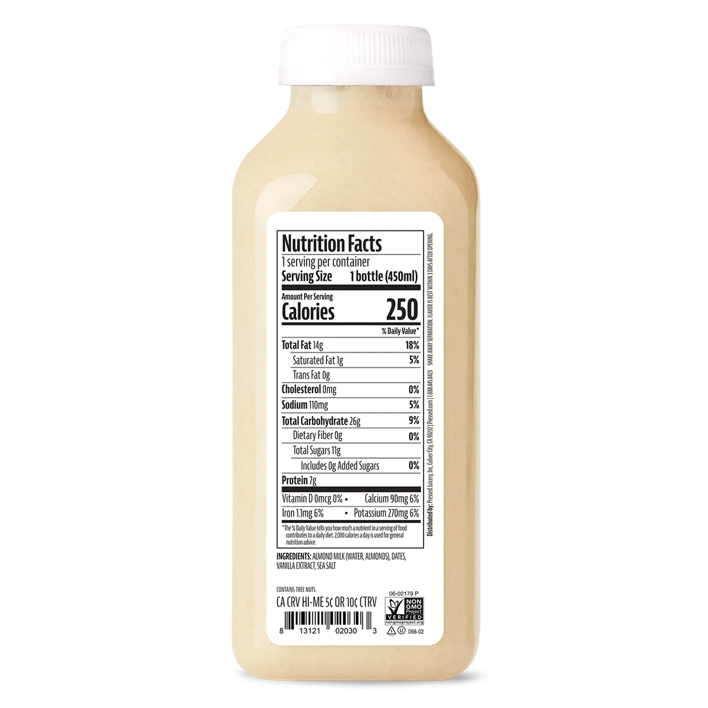 Bottle of a creamy product with a nutrition facts label on a white background