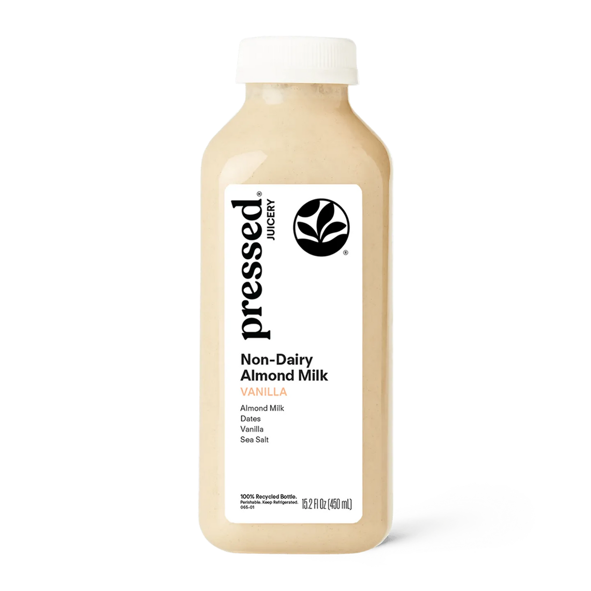 Bottle of pressed Juicery Non-Dairy Almond Milk Vanilla flavor on a white background