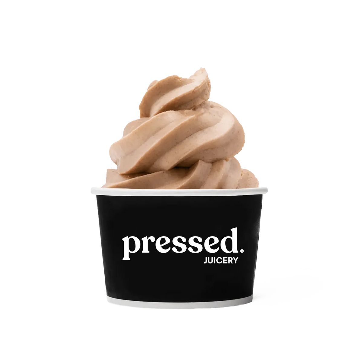 Pressed Juicery Vanilla Freeze in a black cup on a white background.