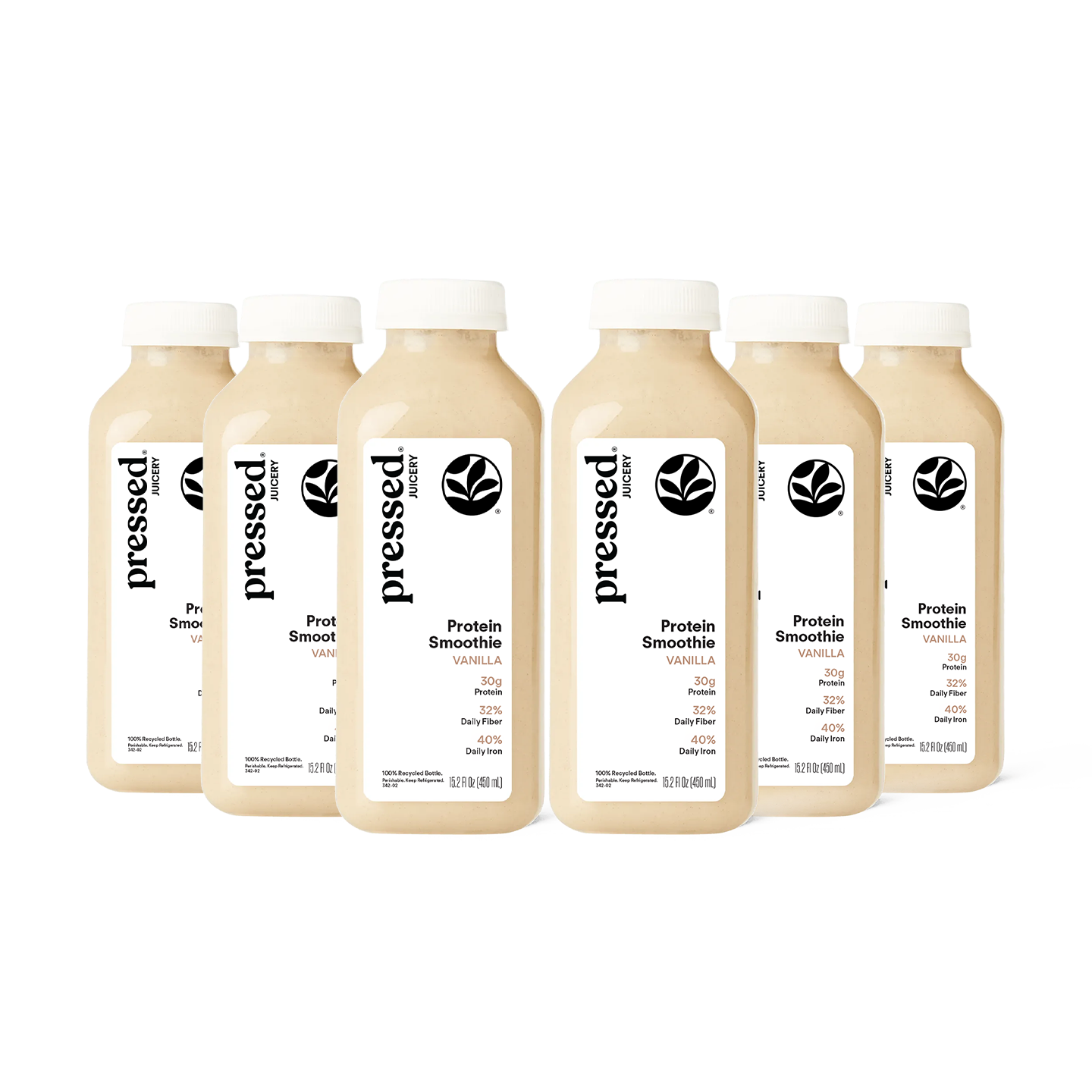 Six bottles of pressed brand Protein Smoothie Vanilla flavor arranged in a row on a white background.