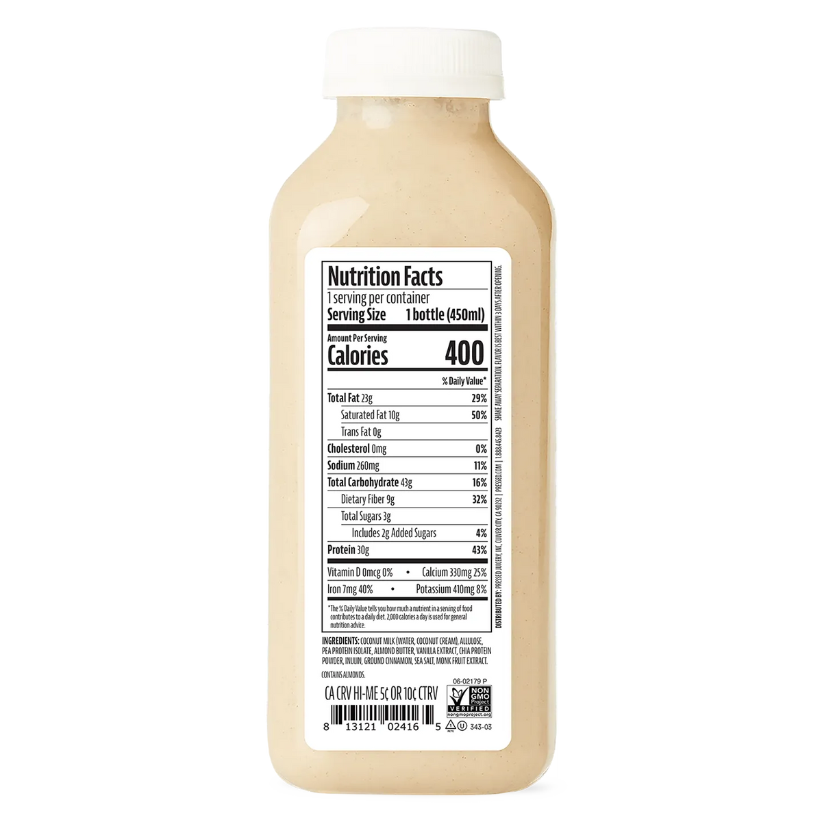 Bottle of the back of a Pressed Juicery Vanilla Protein Smoothie with a nutrition facts label on a white background