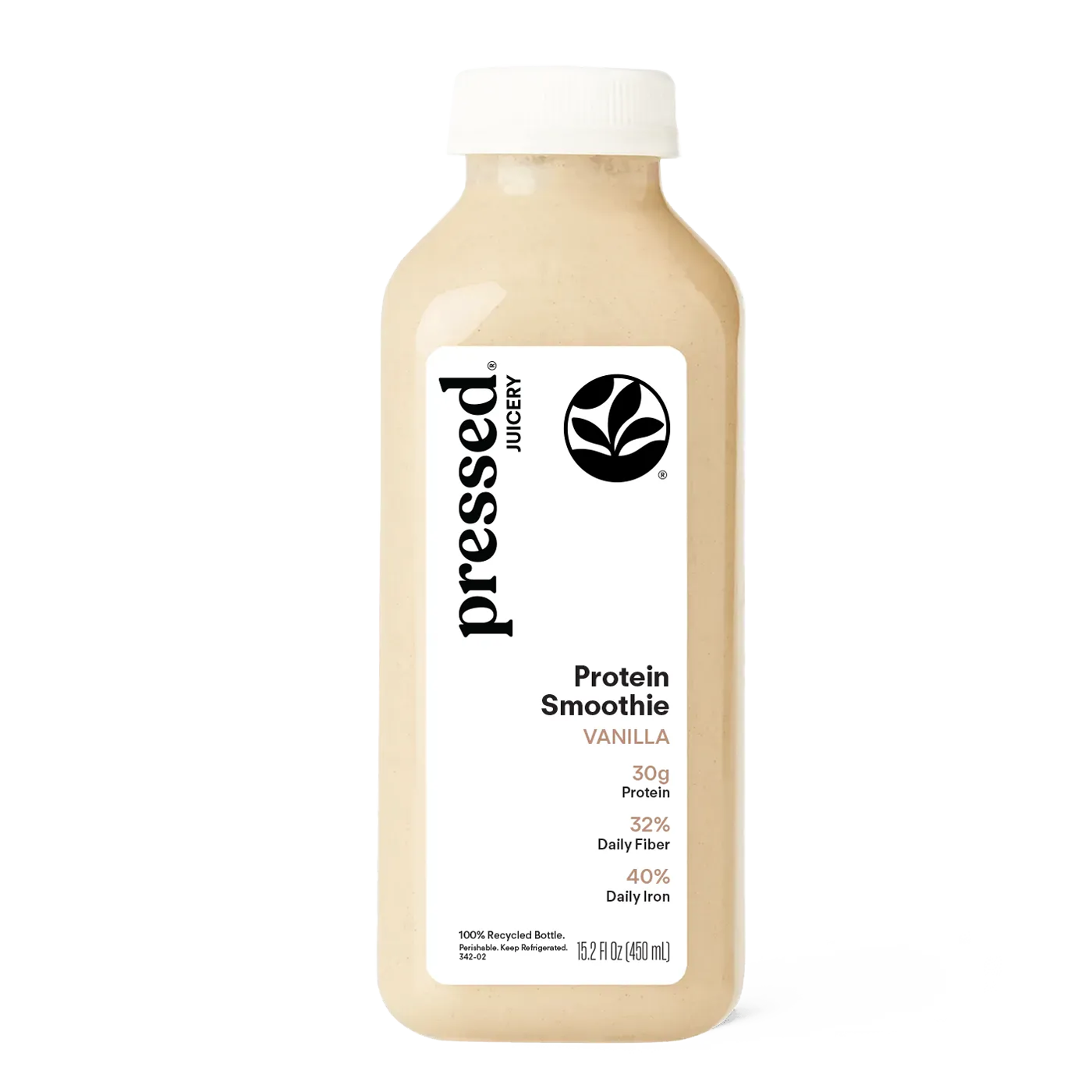 Juicy protein smoothie bottle with vanilla flavor on a white background