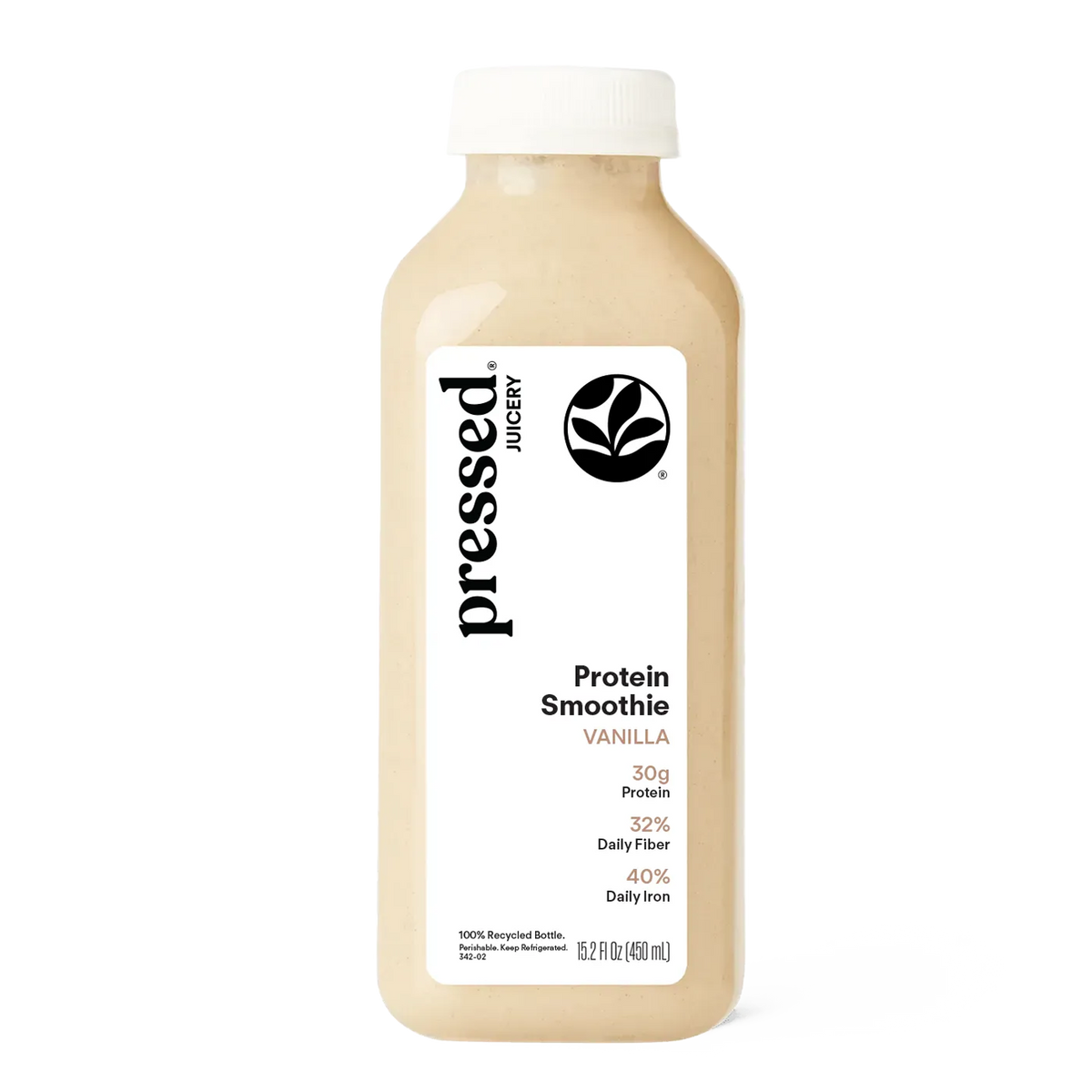 Pressed Juicery Vanilla Protein Smoothie bottle on a white background.