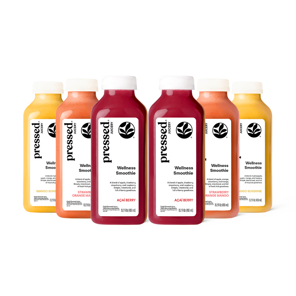 Six bottles of pressed wellness smoothies arranged in a row on a white background, showing flavors including 2 Acai Berry, 2 Strawberry Orange Mango, and 2 Mango Sunshine Smoothies.
