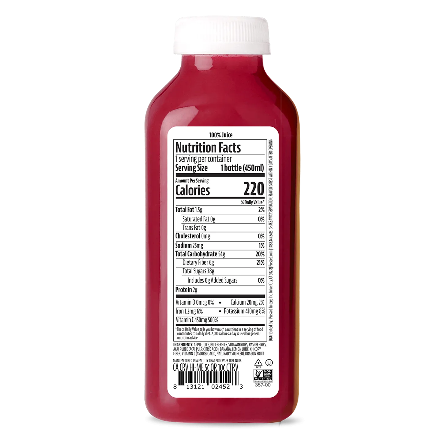 Red bottle with a white label displaying nutrition facts on a white background