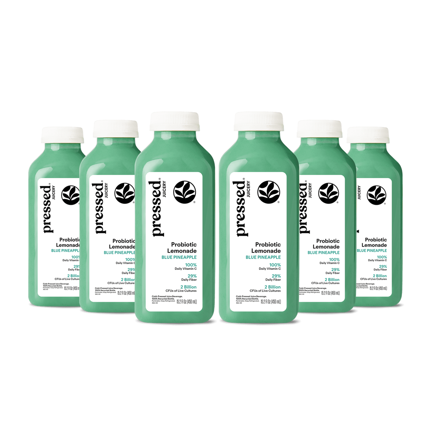 Multiple bottles of pressed Probiotic Lemonade Blue Pineapple on a white background