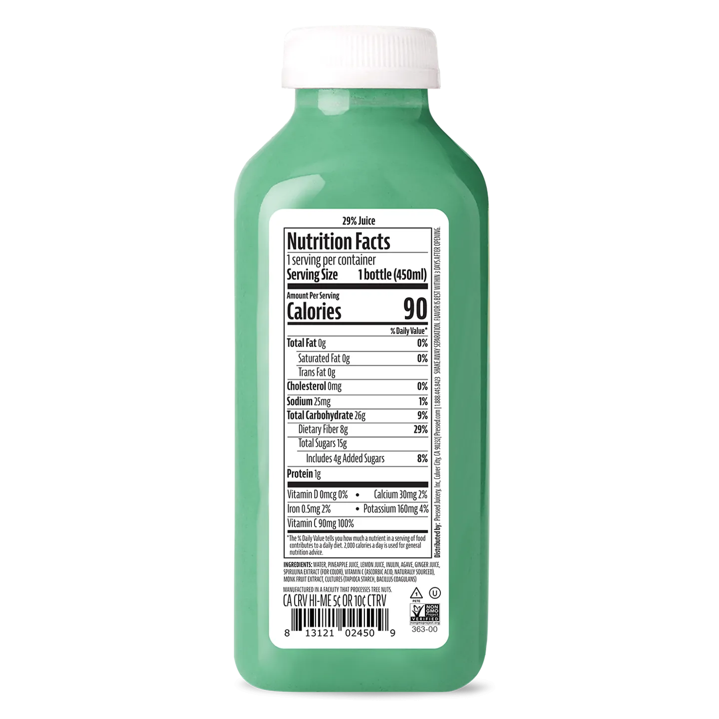 Green bottle with nutrition facts label on a white background