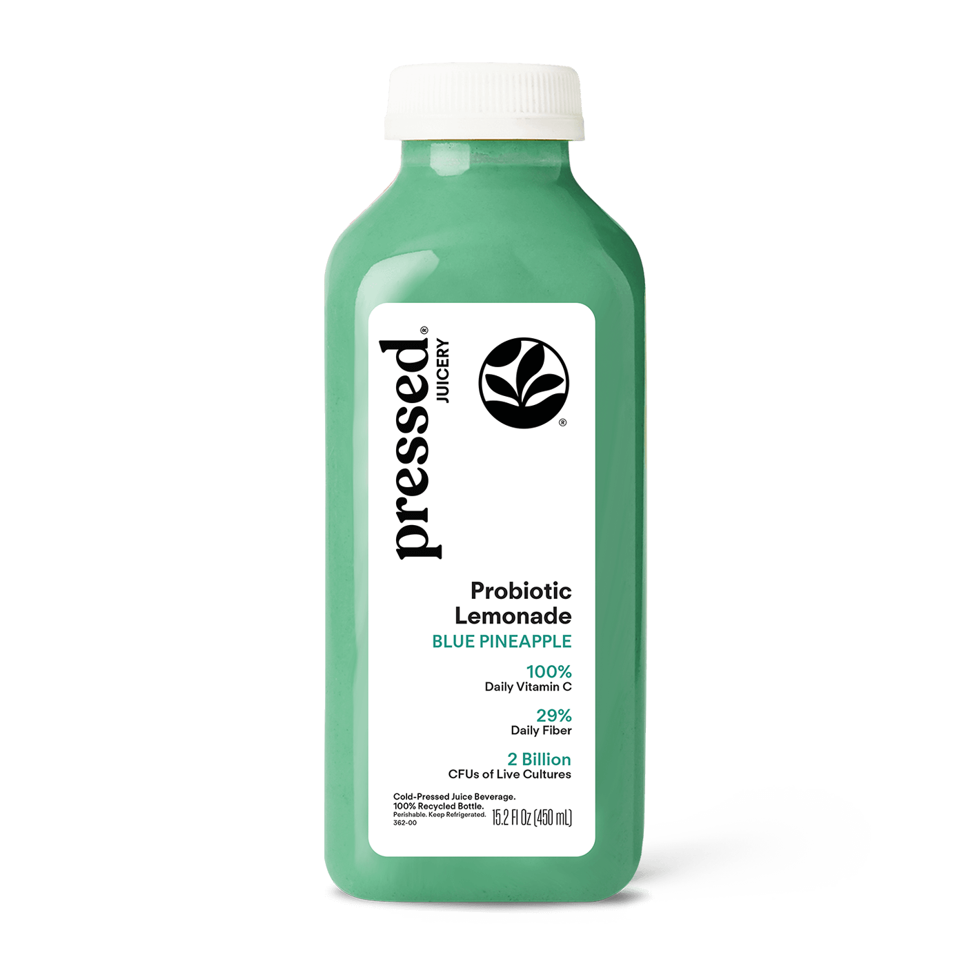 Green bottle of Pressed Juicery Probiotic Lemonade Blue Pineapple on a white background