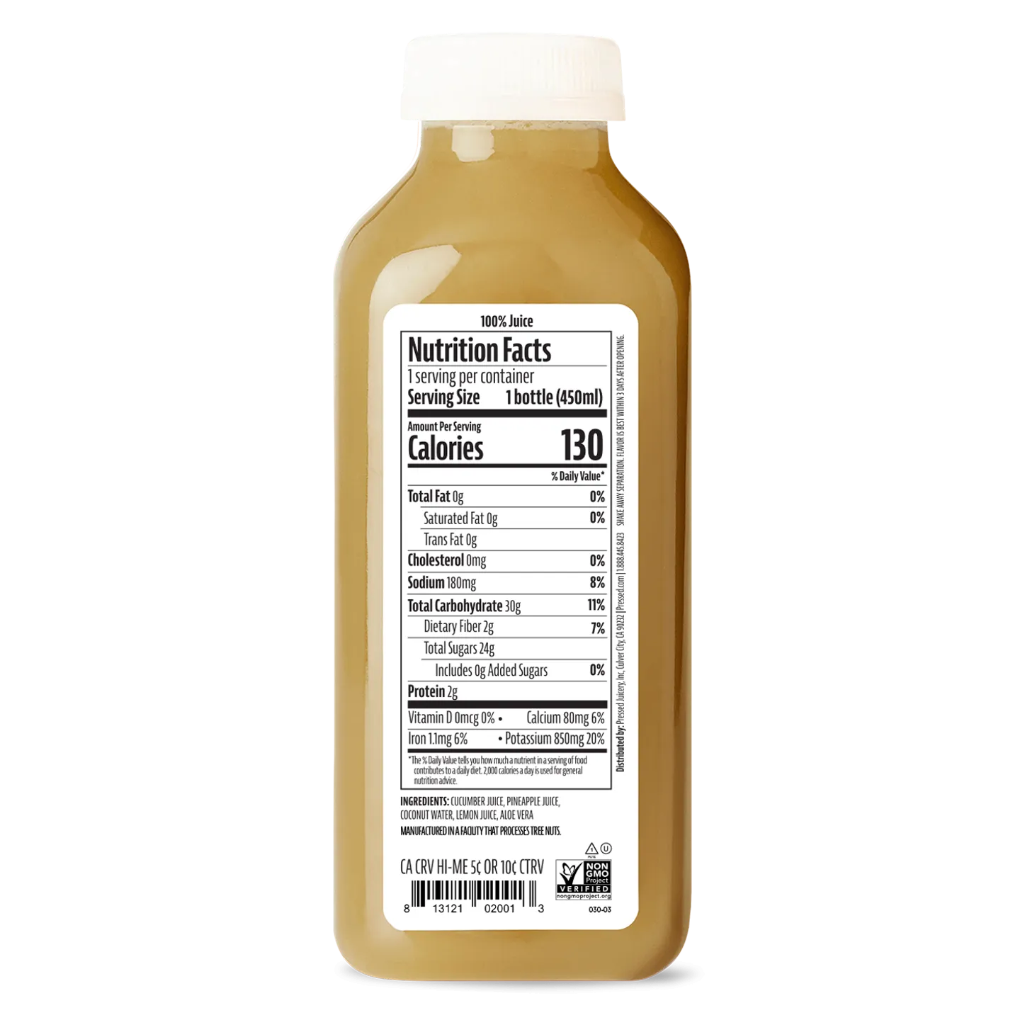 Bottle of juice with a nutrition facts label on a white background