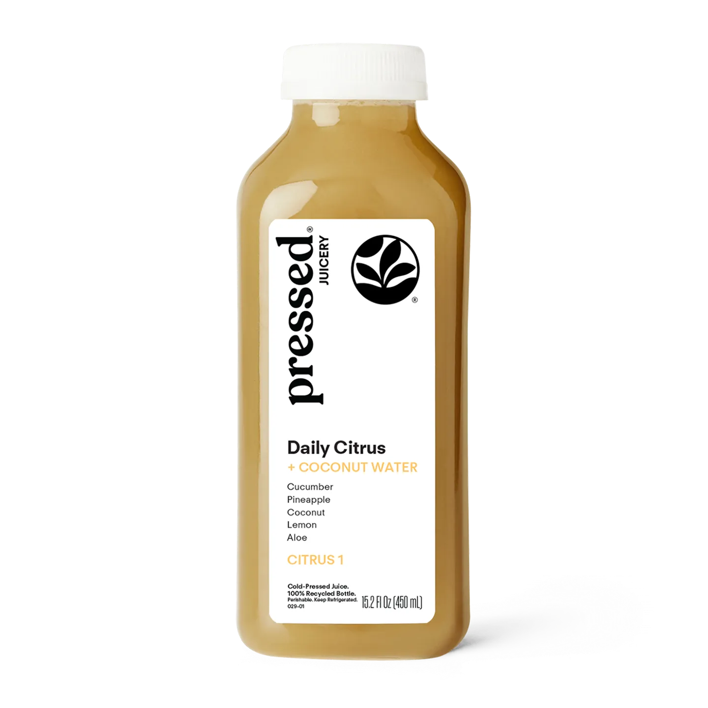 Bottle of 'pressed' Daily Citrus juice on a white background