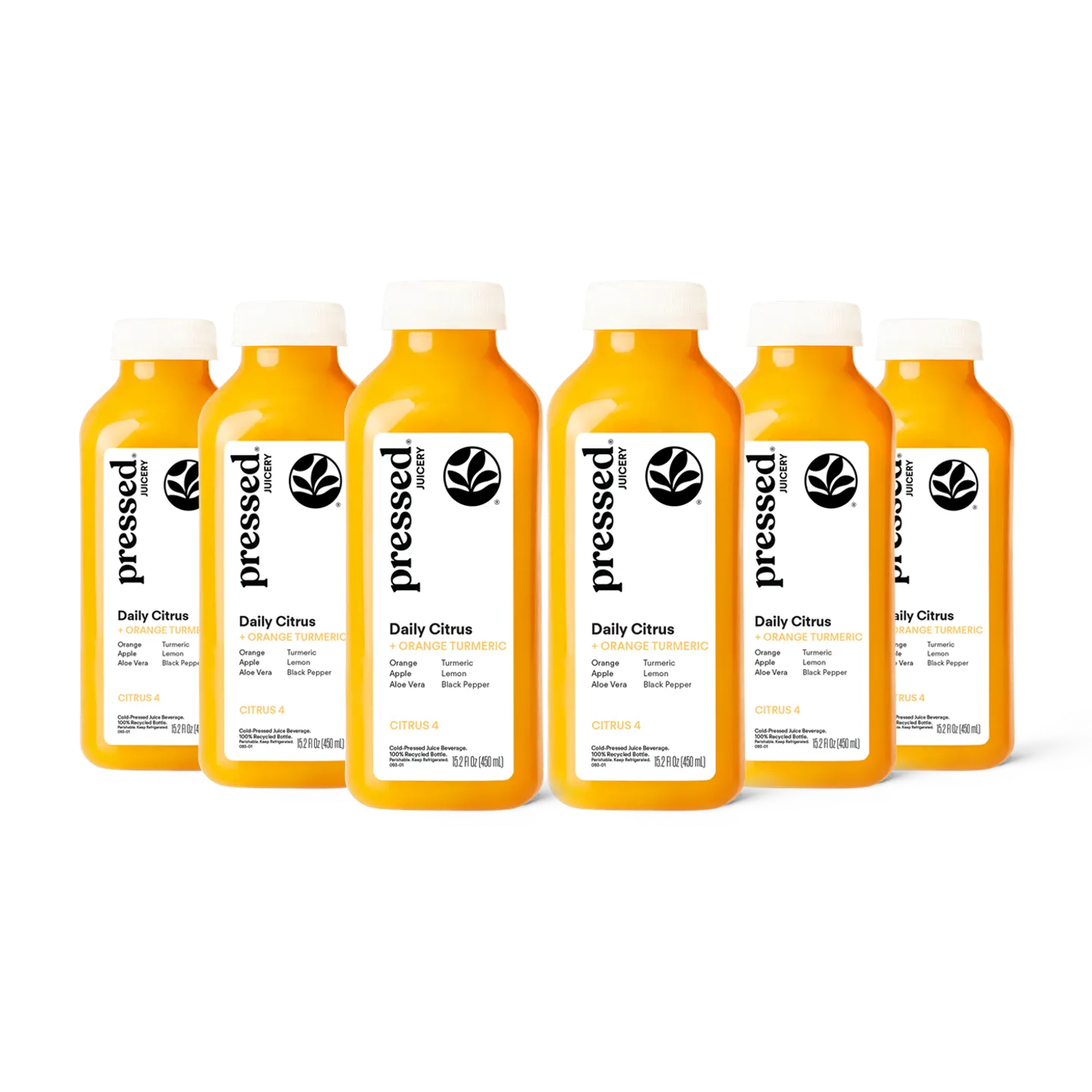 Bottles of 'pressed' Daily Citrus juice on a white background
