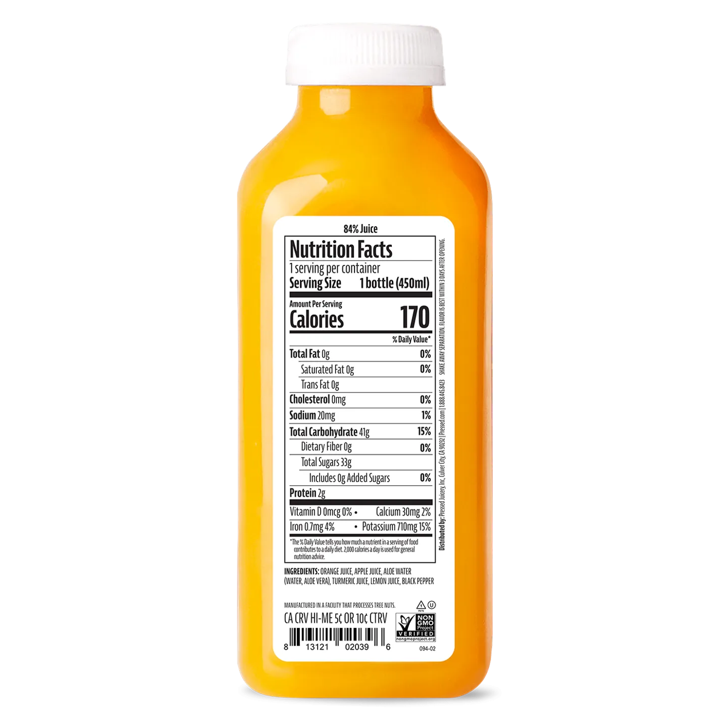 Orange juice bottle with nutrition label on a white background