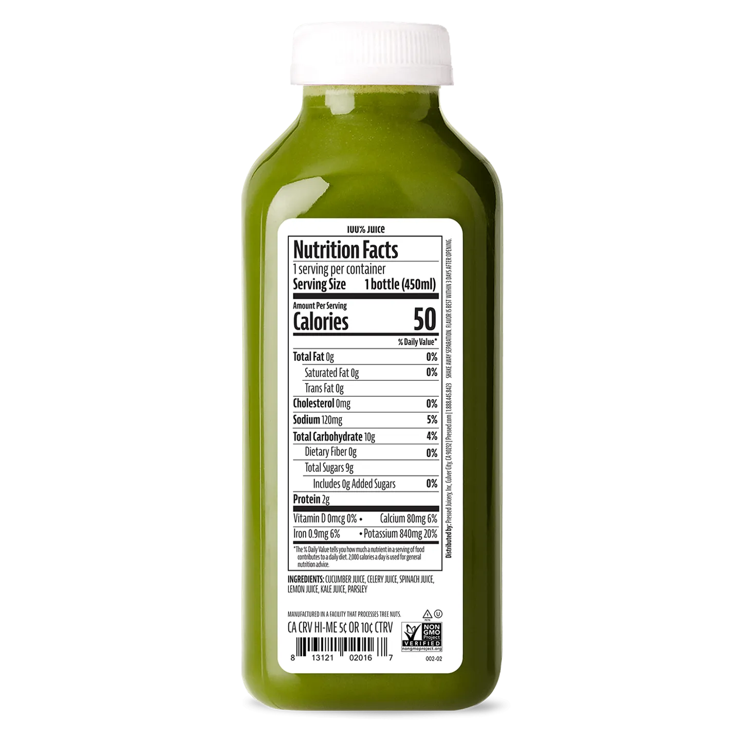 Green juice bottle with a nutrition facts label on a white background